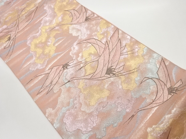 鶴と抽象模様織出し袋帯